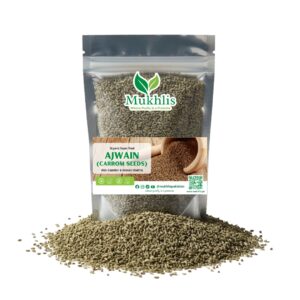 "Mukhlis premium ajwain in standing pouch – carom seeds known for digestive support"