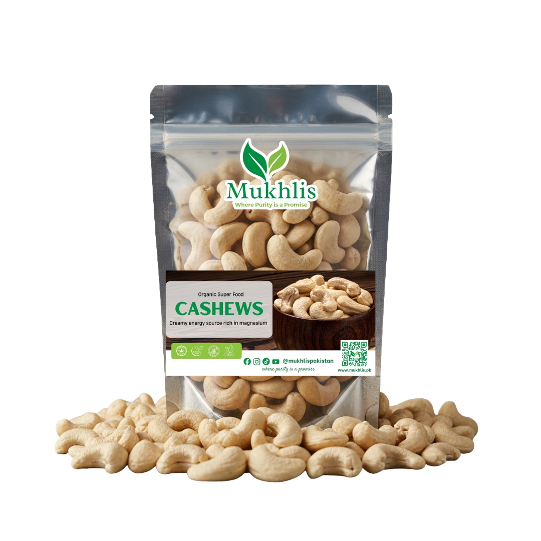 "Mukhlis premium cashews in standing pouch – whole kaju rich in healthy fats and protein"