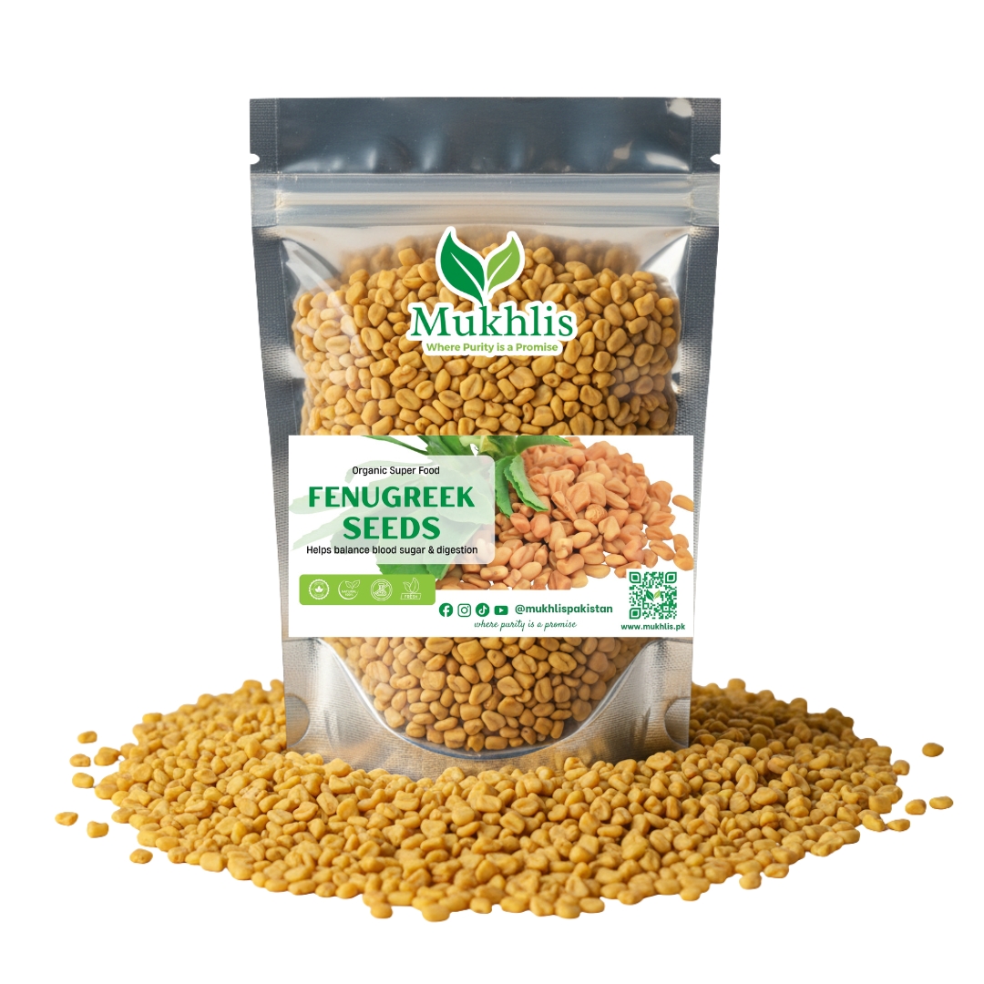 "Mukhlis premium fenugreek seeds in standing pouch – methi seeds for digestion and wellness"