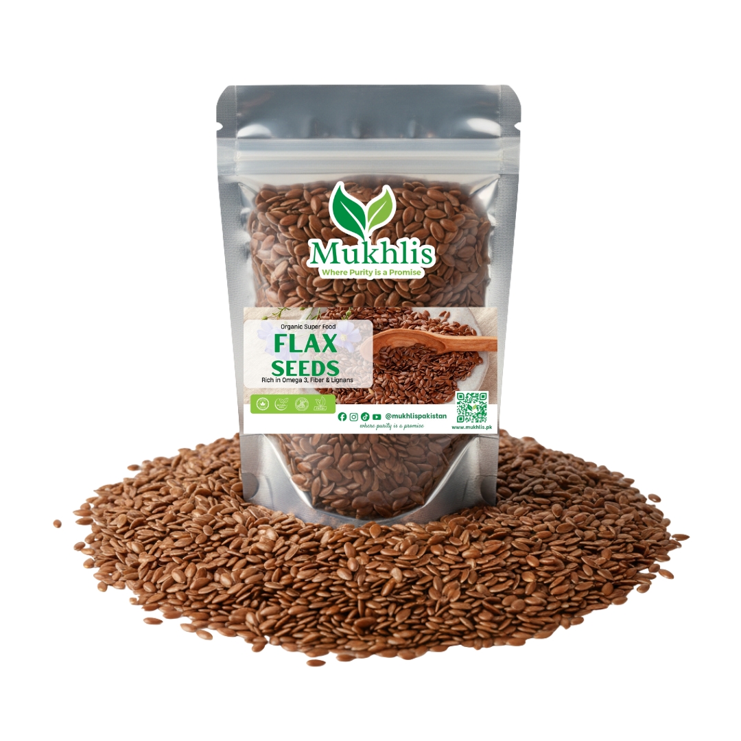 "Mukhlis premium flax seeds in standing pouch – rich in omega-3, fiber, and plant protein"