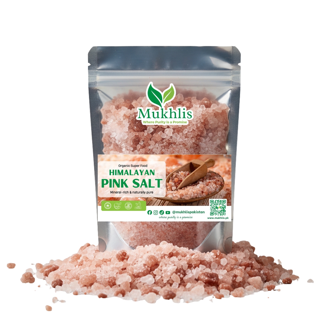 "Mukhlis premium pink salt in standing pouch – natural Himalayan salt for cooking and wellness"