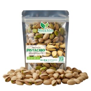"Mukhlis premium pistachios in standing pouch – whole pista nuts rich in protein and healthy fats"