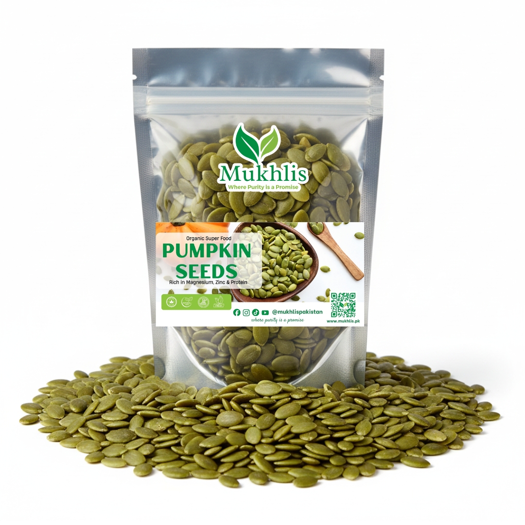 Mukhlis premium pumpkin seeds in standing pouch – protein-rich pepitas for daily nutrition