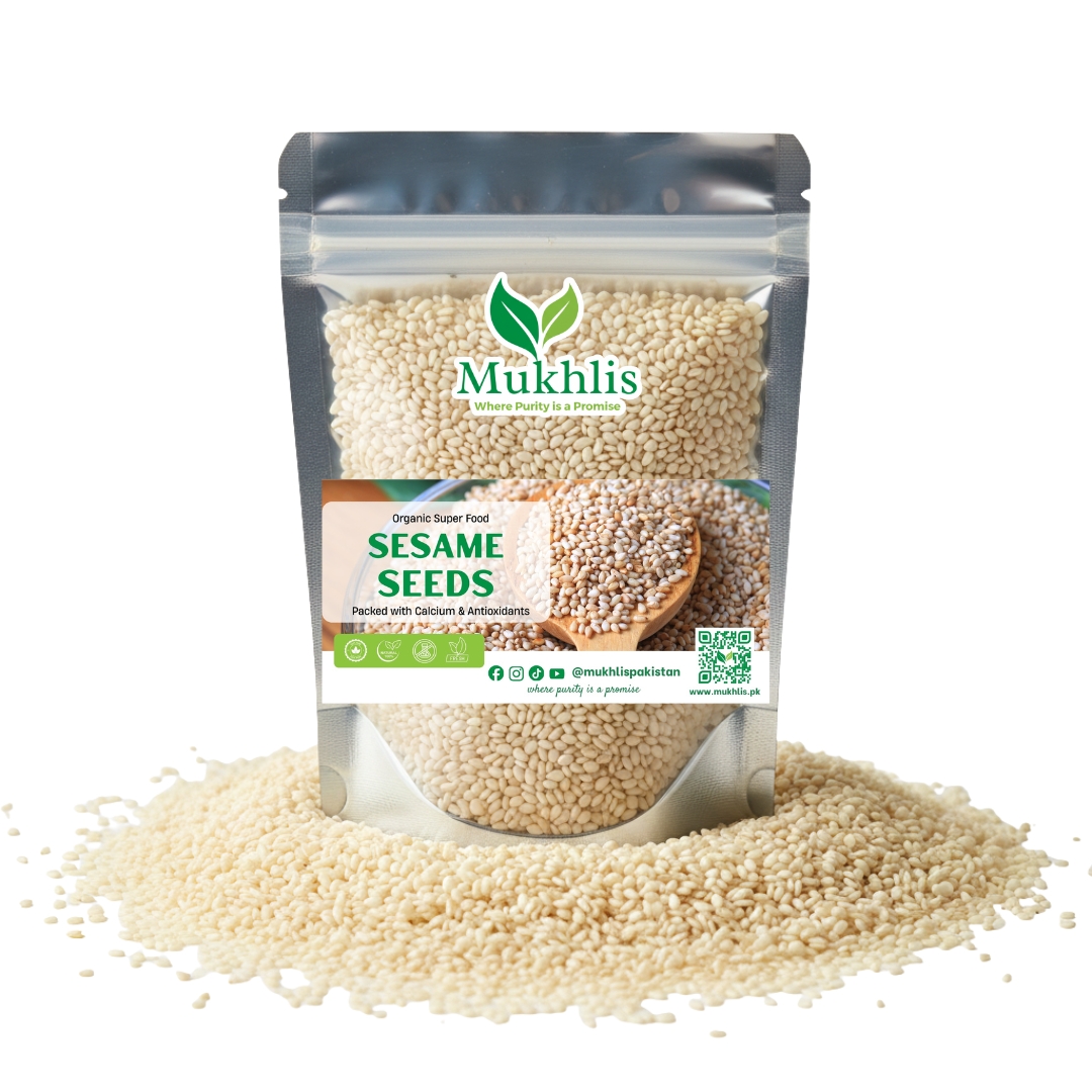 "Mukhlis premium sesame seeds in standing pouch – natural til seeds rich in calcium and healthy fats"