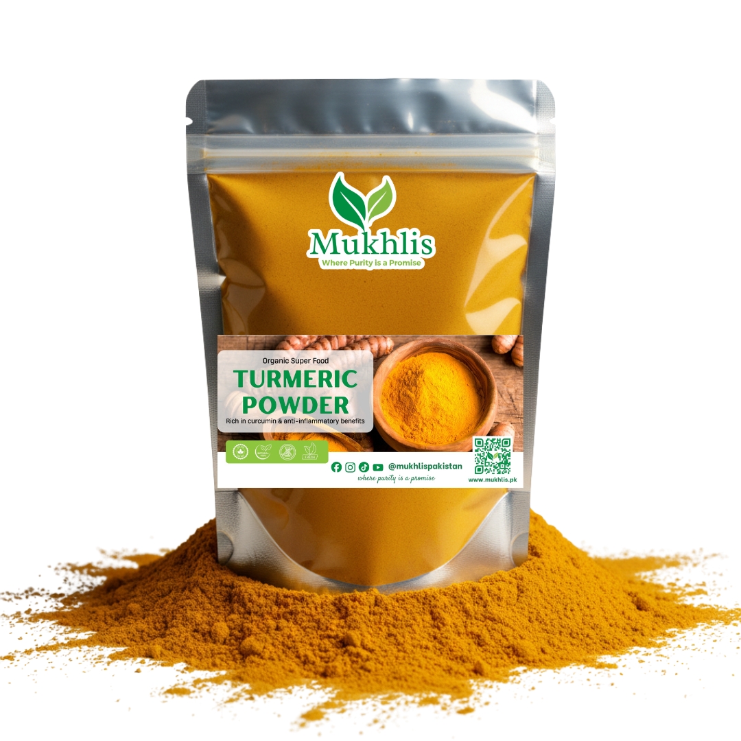 "Mukhlis premium turmeric powder in standing pouch – pure haldi powder rich in curcumin"