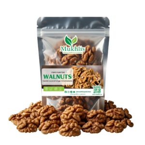 "Mukhlis premium walnuts in standing pouch – nutrient-rich akhrot for heart and brain health"
