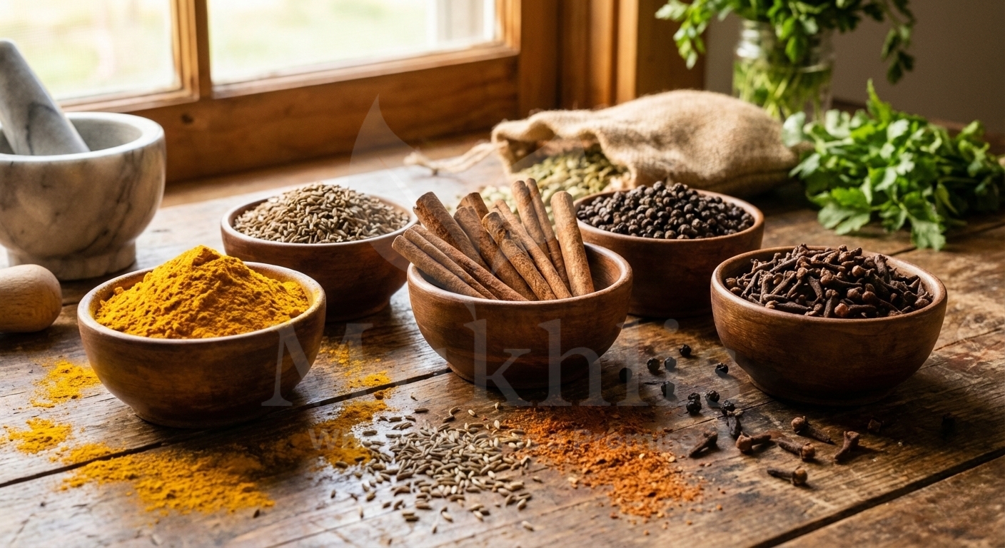Organic spices including turmeric, cumin, black pepper, cinnamon, and cloves in wooden bowls