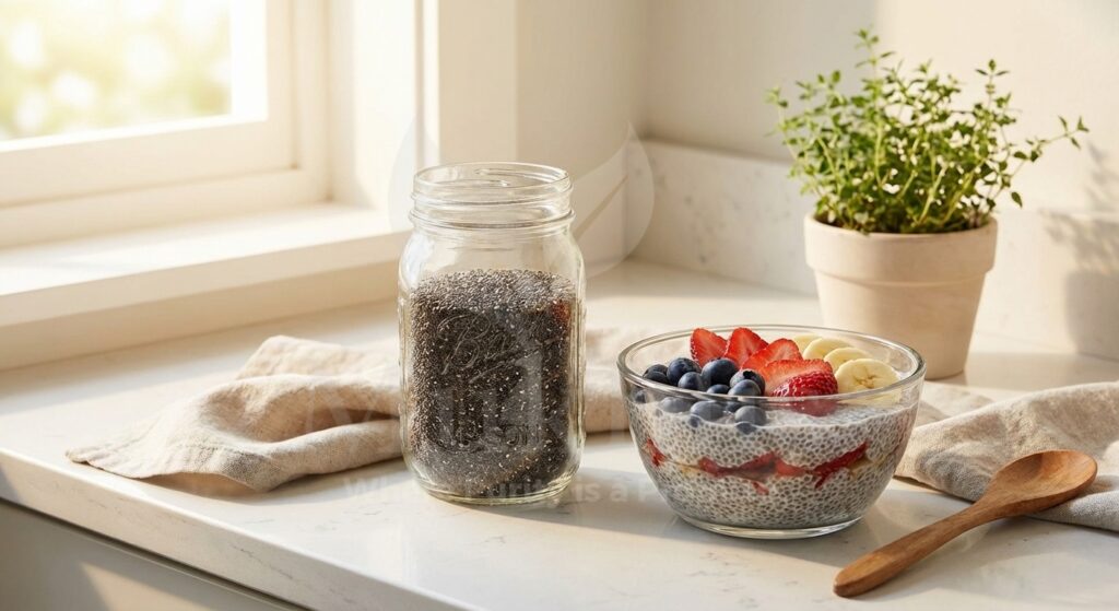 Organic chia seeds in a glass jar with chia pudding and fresh fruits