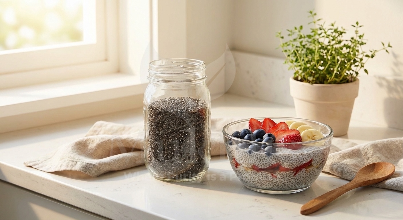 Organic chia seeds in a glass jar with chia pudding and fresh fruits